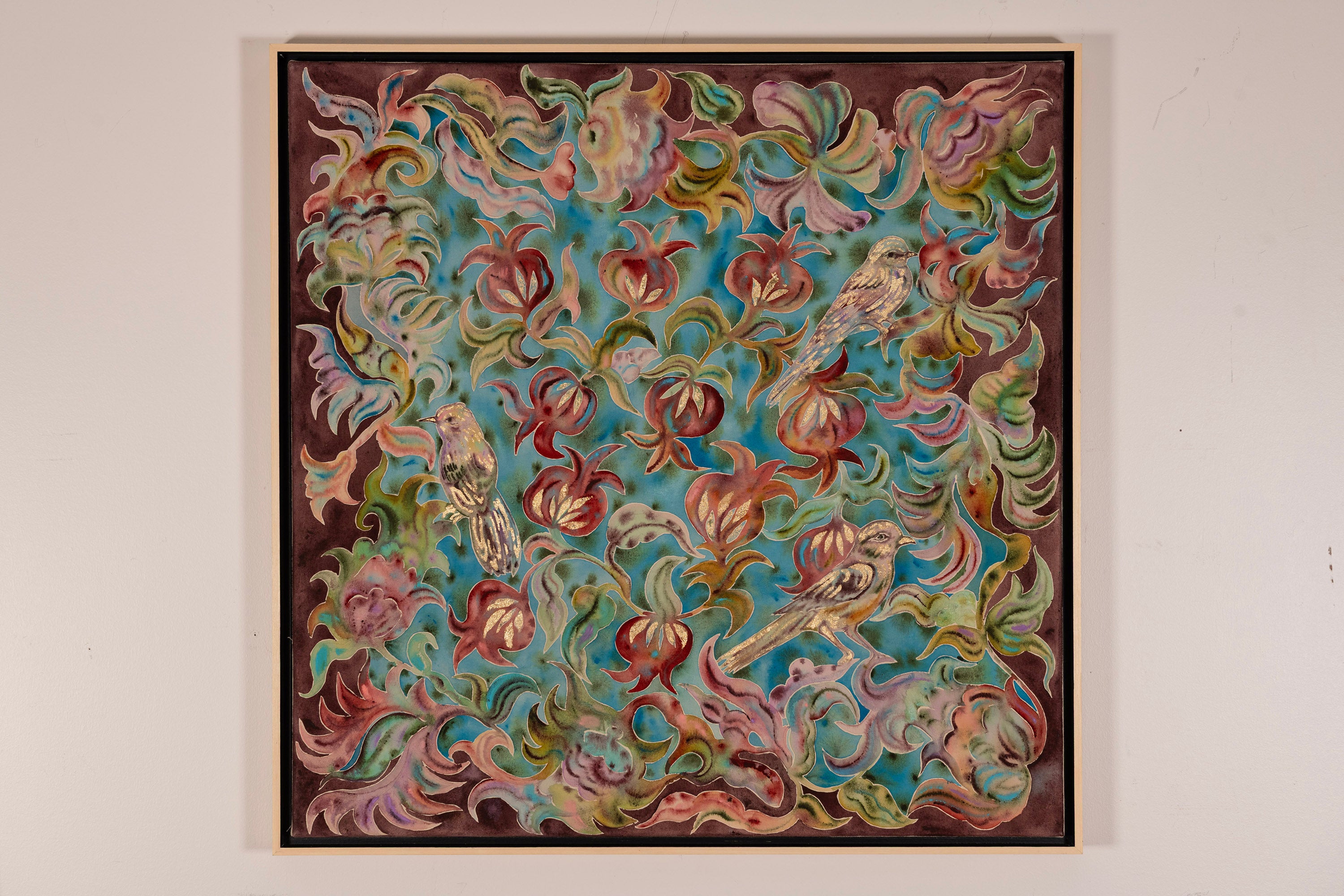 Pomegranate Mockingbirds- Watercolor and gold leaf on canvas, 30 x 30