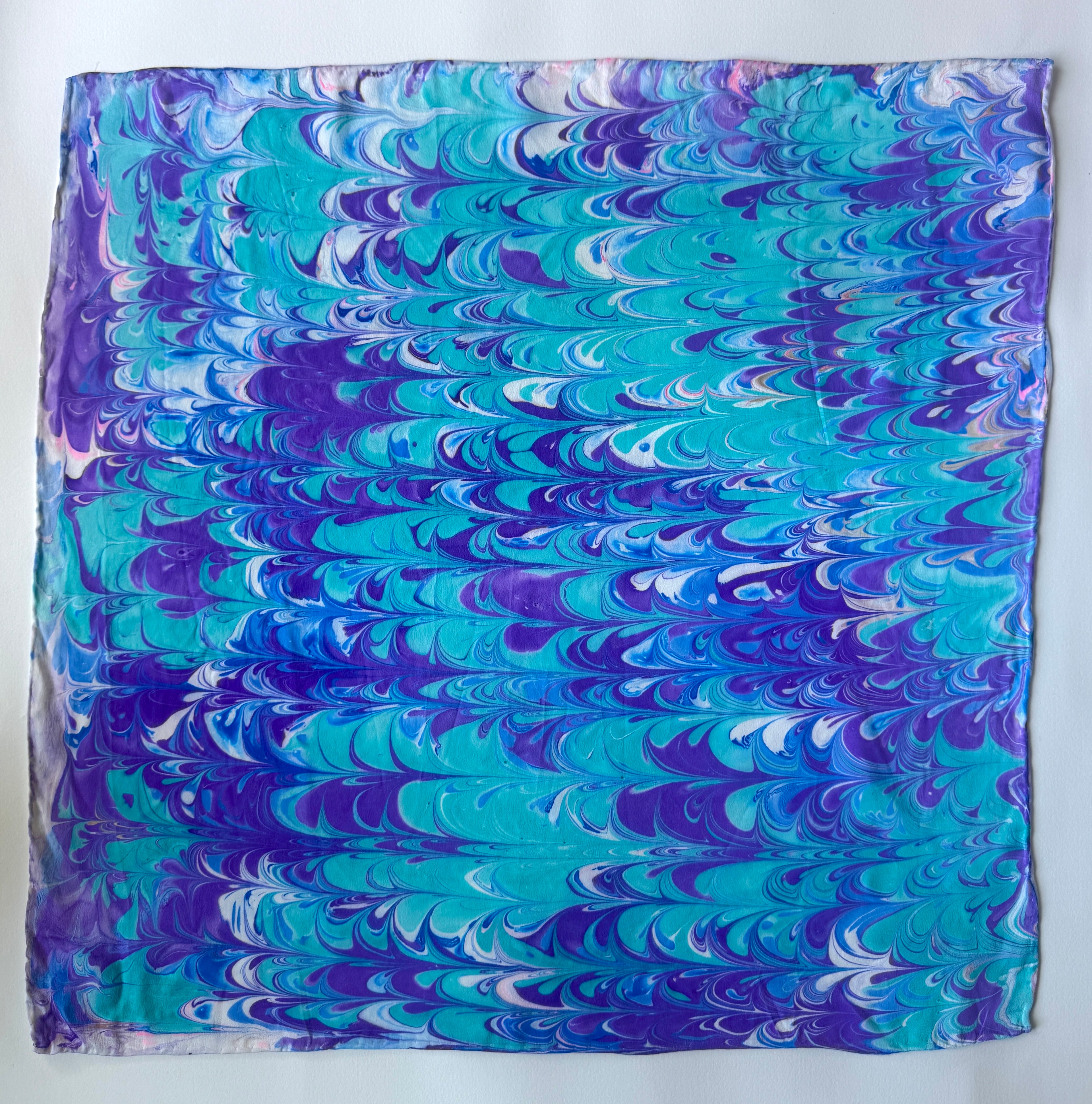 Marbled Silk Bandana. Teal river waves